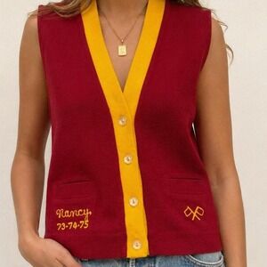 Vintage 70s Albion Knit Chain Stitched Cardigan Sweater Vest Burgundy Unisex